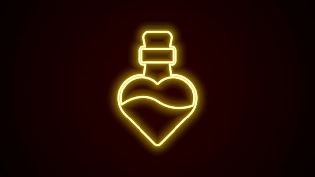 Glowing neon line Bottle with love potion icon isolated on black background. Happy Valentines day. 4K Video motion graphic animation
