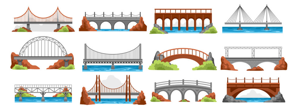 Cartoon bridge architecture. Suspension river crossing bridgework, railway road drawbridge in mountains, urban industrial construction. Vector set