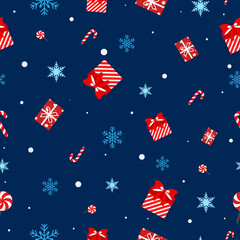 Fototapeta na wymiar Red Christmas presents and snowflakes on a dark blue background. Christmas pattern for packaging, gifts, background, print, print on paper and fabrics