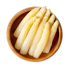 Potted white asparagus tips in a wooden bowl. Group of white, blanched Asparagus officinalis...