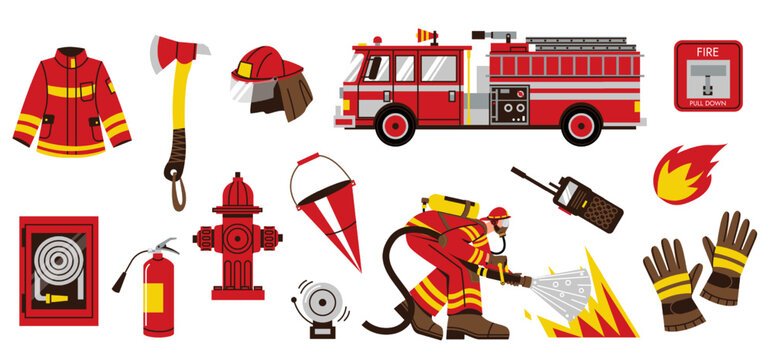 Fire truck with equipment. Firefighter characters with red rescue transport extinguisher hydrant bucket, fireman department instruments. Vector set