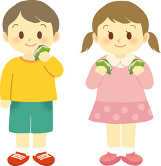 イラスト素材:こどもの日に柏餅を仲良く男女で食べる姿　端午の節句　和菓子(透過背景)
