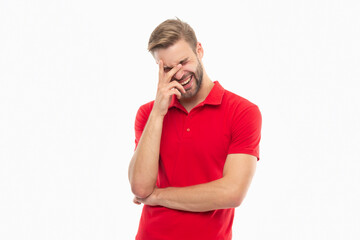studio shot of laughing guy with stubble. young guy with stubble isolated on white background.