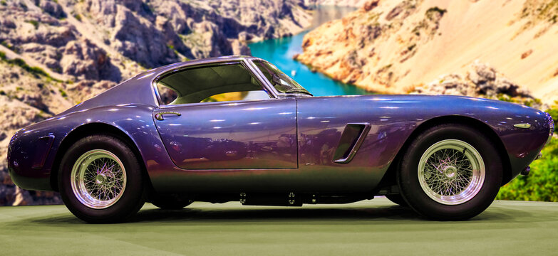 Ferrari 250 SWB classic sports car from Italy, composite in front of a Mediterranean canyon, Essen, Germany, December 5, 2022