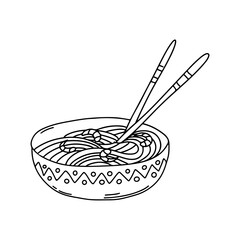 Rice noodles with shrimps and vegetables in cute ceramic bowl in hand drawn doodle style. Vector illustration.