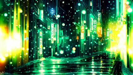 cyberpunk, A snow-covered city at night, with twinkling lights