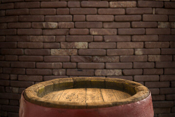 Fototapeta premium Excellent red wine bottles, wineglass, barrel and corkscrew on a rustic wooden table: traditional winemaking and wine tasting concept. High quality photo