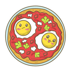 Kawaii cartoon mexican dish scrambled eggs huevos rancheros isolated on white background