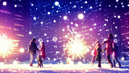 A family having a snowball fight in the park, with laughter