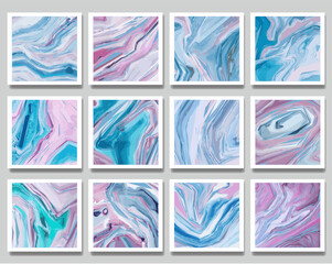 Blue and pink waves abstract background set. Fluid splash, swirl, marble.