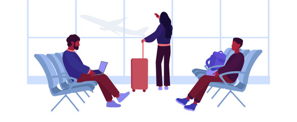 People at the airport waiting flight. People waiting plane departure. Airport check in queue departure area waiting, travelers checking. Airport queue departure area. Vector illustration.
