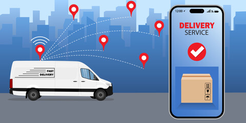 Fast delivery service app on smartphone: van delivering the order and smartphone tracking the parcel, city street in the background, logistics and technology concept © Ivanna