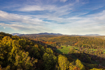 Naklejka premium Roetteln castle ruins with a view over Binzen to the Alps, Germany, Europe
