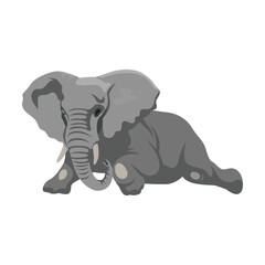 Tired elephant cartoon illustration. Big African mammal character with large ears and trunk on white background. Animal, zoo