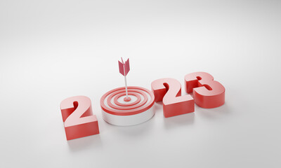 2023 red 3d number and an arrow hits on the center of the target , concept of 2023 goal ,business target , 3d rendering