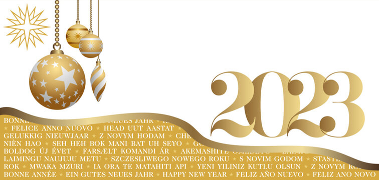 2023 - Carte de v&oelig;ux pour souhaiter le nouvel an en plusieurs langues - or et blanche d&eacute;cor&eacute;e de boules de No&euml;l et d&rsquo;un symbole &eacute;toile - traduction : bonne ann&eacute;e.