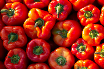 Background photo with red bell peppers in grocery store window. Concept of buying farm products in the street market of Georgian city of Tbilisi. Vegetarian salad ingredients. Vegan. Fruit shop