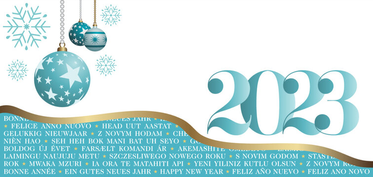 2023 - Carte de v&oelig;ux pour souhaiter le nouvel an en plusieurs langues - turquoise et blanche, d&eacute;cor&eacute;e de flocon de neige et de boules de No&euml;l - traduction : bonne ann&eacute;e.