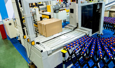 Box on packaging line in factory