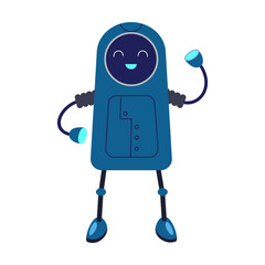 Happy childish robot cartoon illustration. Colorful bot, assistances character. Toys for kids with cute faces isolated on white background