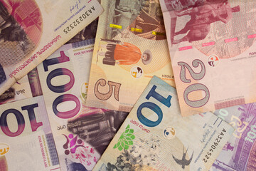 Background from cash paper banknotes of Georgia. Georgian lari. 100 GEL. Money to buy goods, pay loan. Concept of travel, tourism, immigration. Currency exchange. Money. Crisis of the banking system