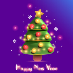 2023 happy new year, christmas card with christmas tree, christmas decorations and garland 