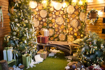 Cozy rustic interior with Christmas tree