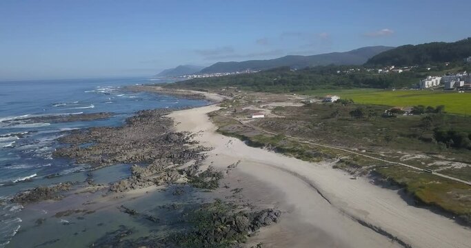 Wide aerial, empty Afife beach near of Caminha, Viana do Castelo