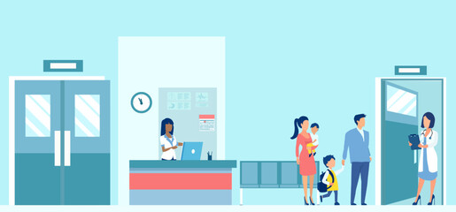 Vector of a family with two kids visiting a hospital for consultation