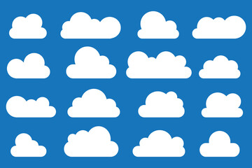 Cloud set icon in flat style. White clouds element. Weather symbol. Vector isolated on blue background.
