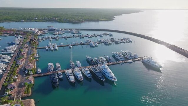 Yachts And Boats Docked In The Casa de Campo Marina At The Caribbean Sea In La Romana, Dominican Republic. - aerial