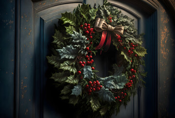 Close-up of Christmas wreath hanging on a door, Generative AI