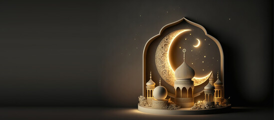 Islamic ramadan kareem display podium background with 3d of arabian lantern and crescent moon. Beautiful muslim invitation with ramadan. Eid mubarak. Religion background. AI - obrazy, fototapety, plakaty