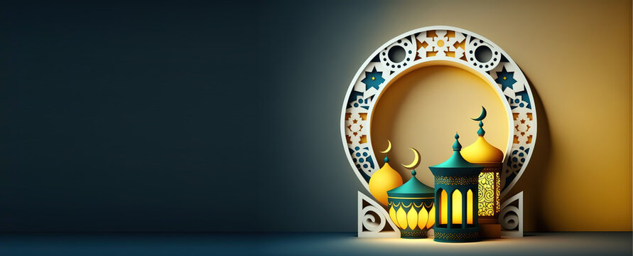 Islamic display podium decoration background with lantern and crescent cartoon style. Beautiful muslim invitation with ramadan. Eid mubarak. Religion background. AI