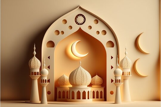 Islamic decoration background with mosque, lantern, crescent, gift box. Beautiful muslim invitation with ramadan. Eid mubarak. Religion background. AI