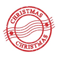 CHRISTMAS, text written on red postal stamp.