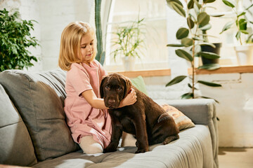 Cute little girl, child sitting on couch and playing with purebred dog, brown labrador at home. Happiness