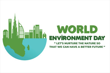 Fototapeta premium World environmet day, flat style go green and save the world with cities, hands, and plants environmental campaign illustration for banner and social media post