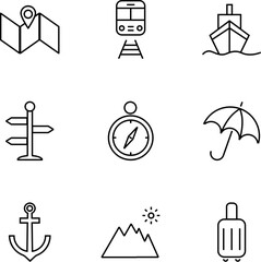 Collection of nine line icons of pin on map, train, ship, direction point, compass, umbrella, anchor, mountain, suitcase for shops, stores, adverts, apps, ui. Minimalistic editable strokes