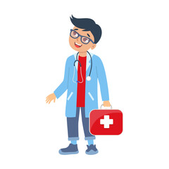 Kid doctor and nurse with medical equipment. Vector illustration of children choosing healthcare profession isolated on white