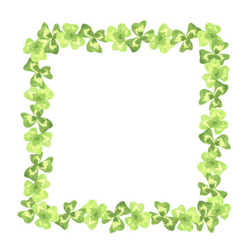 Square wreath of clover. Shamrock, trefoil. St.Patrick 's Day. Watercolor illustration. Isolated on a white background.For your design goods for a garden, stickers, postcards, organic products
