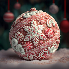 Beautiful Christmas ball. Detailed Christmas ball with snowflakes in red and white. Generative AI.