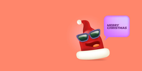 Vector cartoon monster Santa Claus red hat character with sunglasses and speech bubble isolated on peach background. Merry Christmas greeting card, poster and banner with funny Santa Claus hat