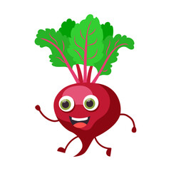 Happy fresh beets, vegetable cartoon character vector illustration. Cute veggies with faces, hands and legs isolated on white background