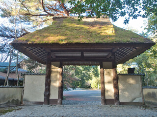 Old Japanese wooden gate with thatched roof