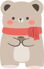 bear holds a coffee cup cartoon flat style illustration