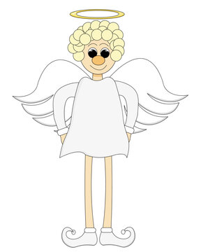 Greeting card with beautiful cartoon angel on long legs with halo. Christmas concept. Template for the cover of the bible.