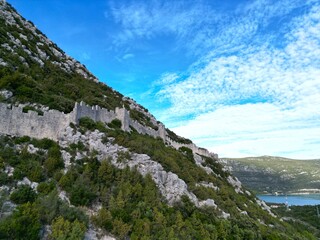 Fototapeta premium Ston Croatia walled town drone aerial view.