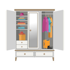 Open wardrobe. Vector illustration of cabinet with hanging clothes hangers and drawers isolated on white