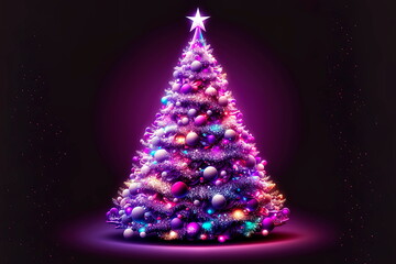 Merry Christmas and Happy new year. 3d Christmas tree , light garlands, snowflake, candy cane, purple colors